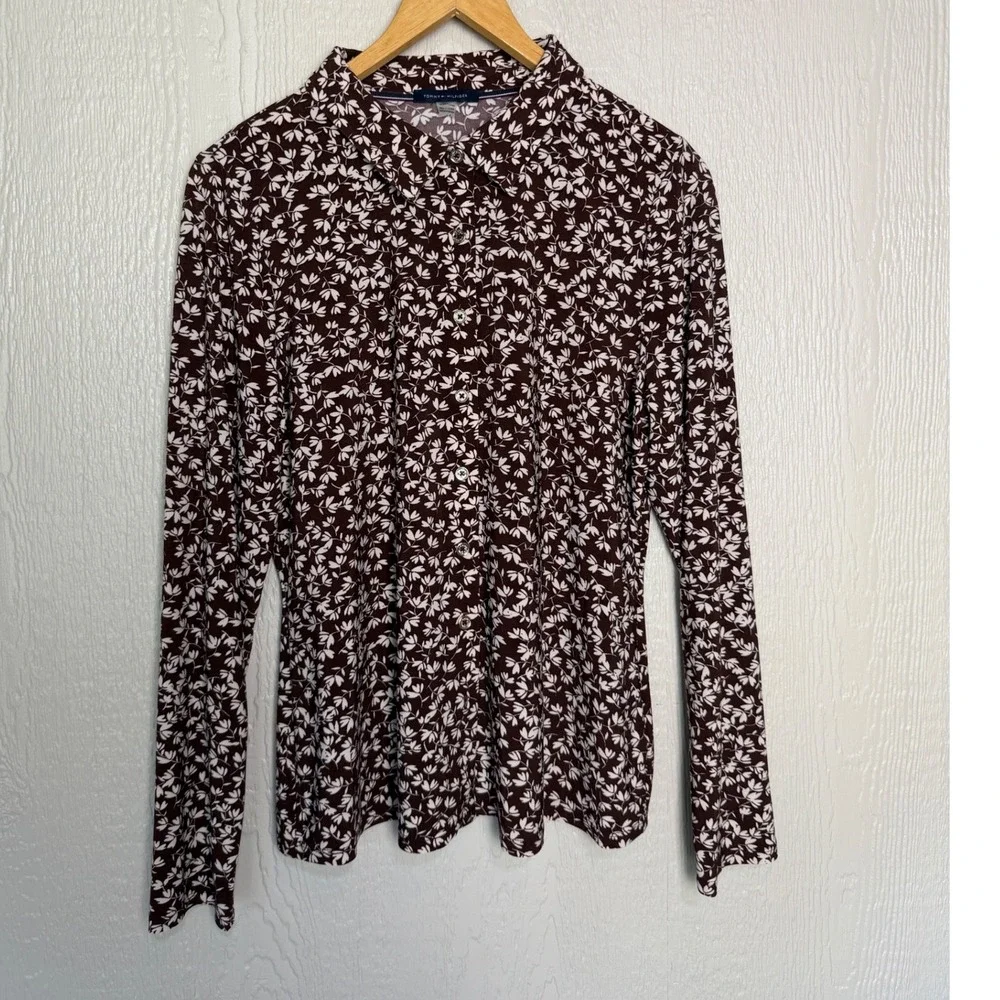 Tommy Hilfiger Womens Floral Long Sleeve Button Down Shirt Burgundy‎ Brown L EUC